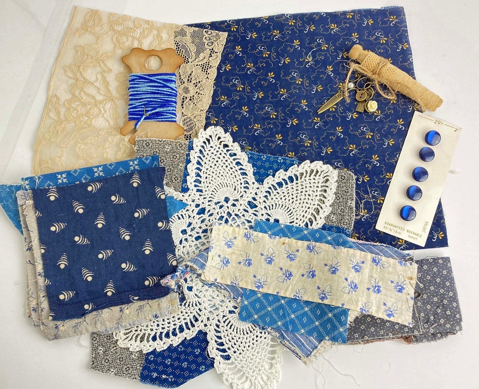 Slow Stitch Kit - Indigo Blue Quilt Blocks and Trim, Antique Fabric an –  The Scrapologist™